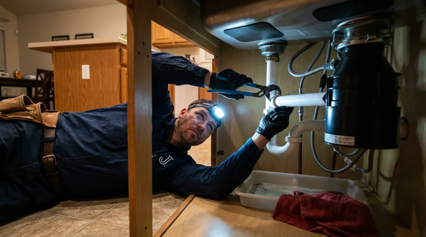P-trap and supply line connections under a kitchen sink showing a common leak point in Nashville, TN